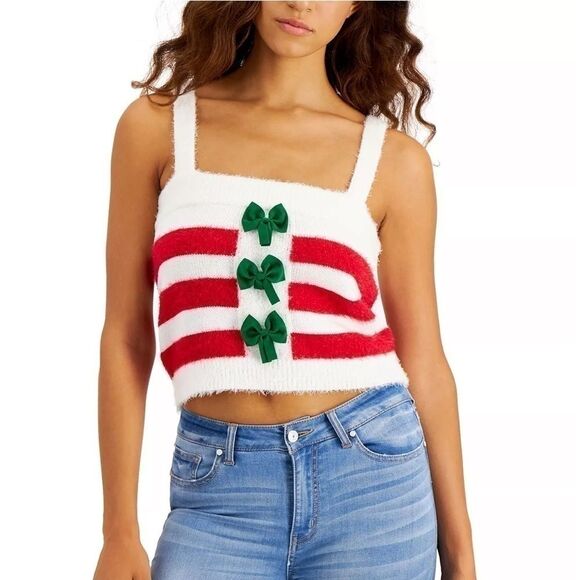 New Hooked Up by IOT Juniors Holiday Bow-Front Tank,Red, top M - Picture 1 of 7